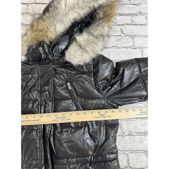 Calvin Klein Women's Puffer Coat M Black Glossy Removable Hood Faux Fur Trim - Picture 10 of 16